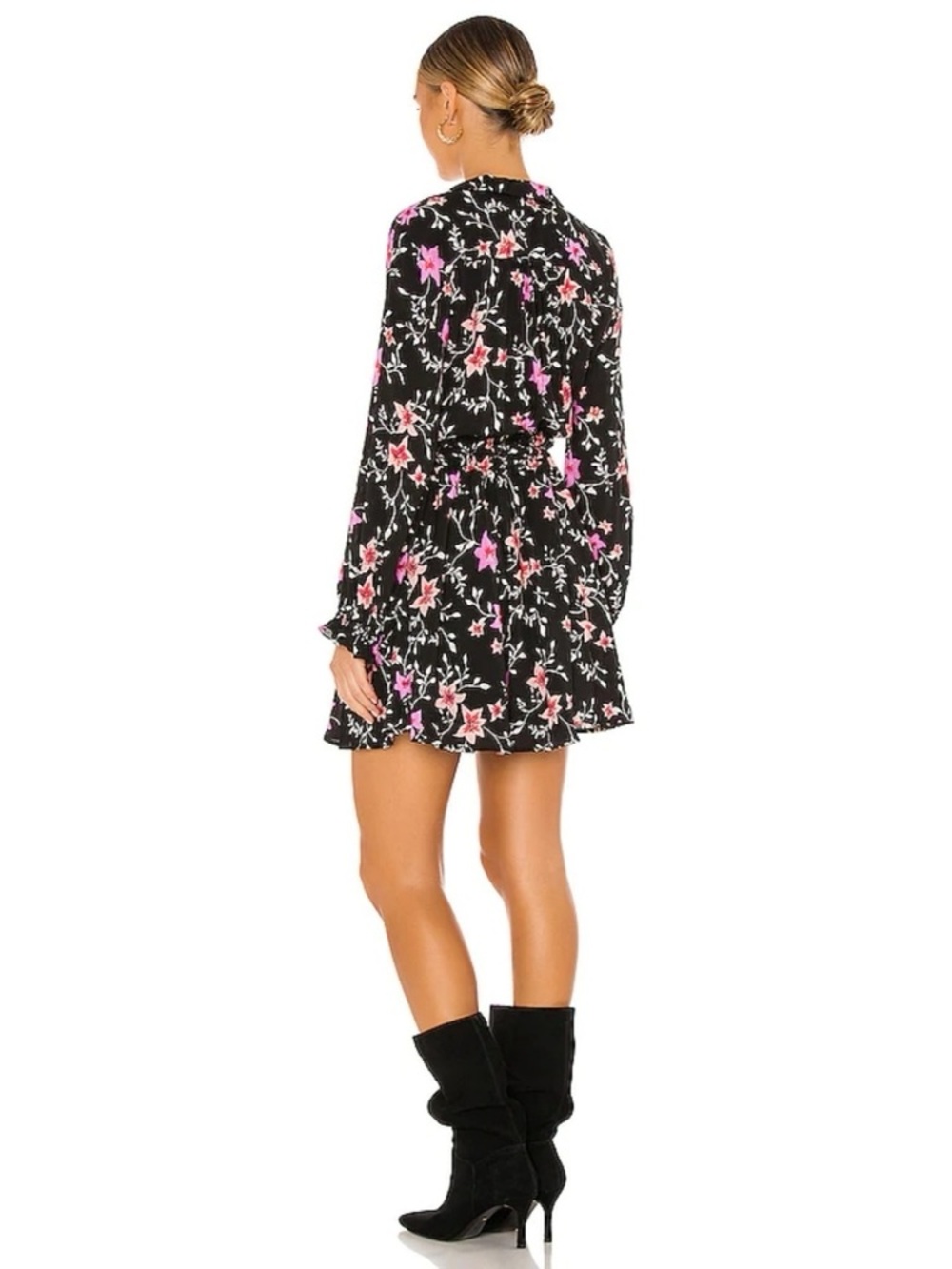 Free People Lighten Up MiniBlack Floral Long-Sleeve with Pink Accents - Picture 3 of 9